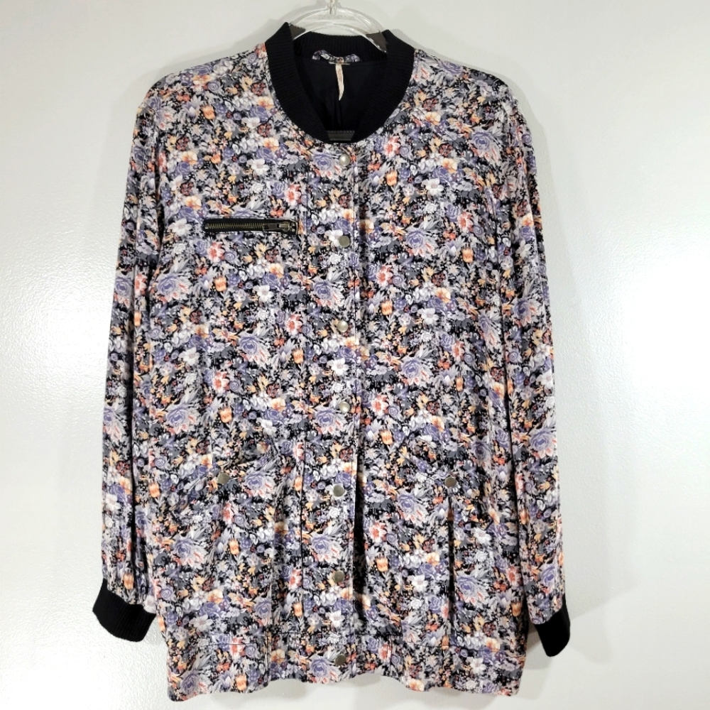 FREE PEOPLE muted floral zip front shabby chic boho casual bomber jacket